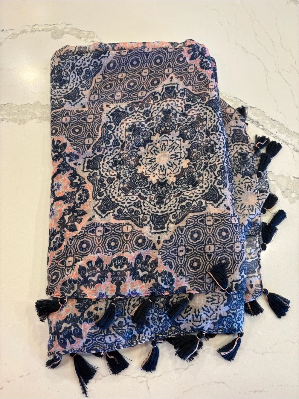 Maurices Navy and Pink Medallion Tassel Throw